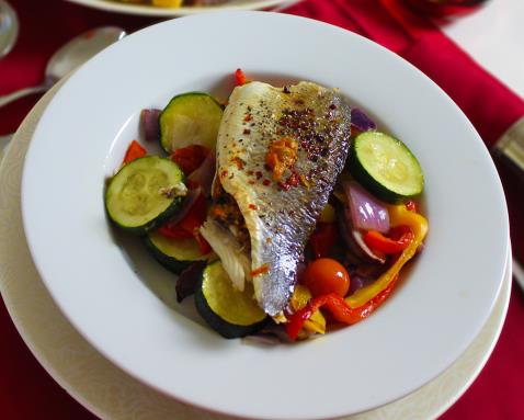 Baked Sea Bass with Tomatoes and Olives