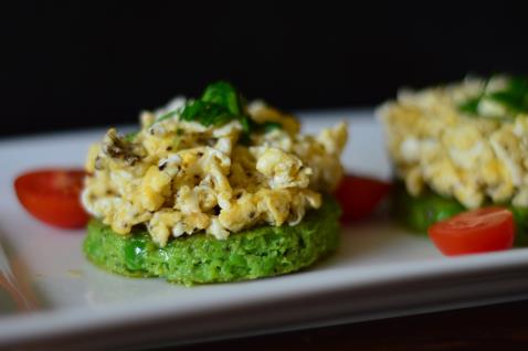 Scrambled Eggs on Pea Pancakes