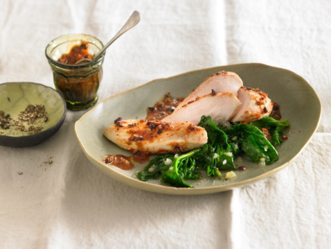 Escalope of Chicken with Olives Served on Spinach Leaves